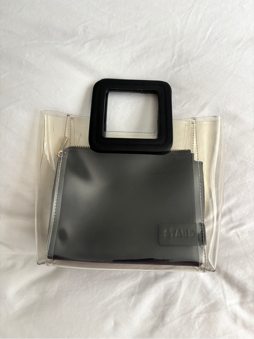 STAUD Mini Shirley PVC Tote with Black Square Handles and Inner Pouch